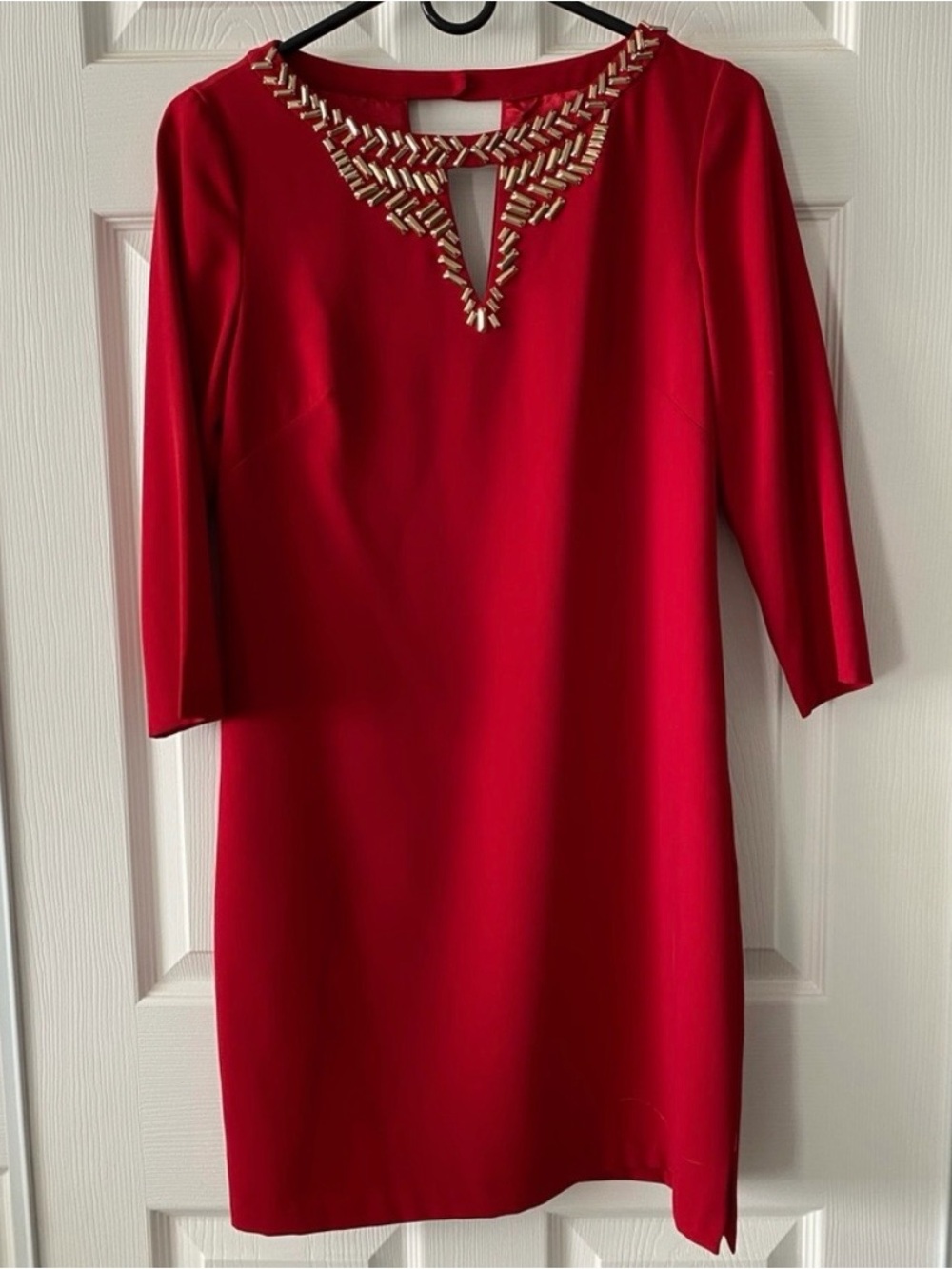 Red Beaded Neckline Dress - Elegant Women's Dress